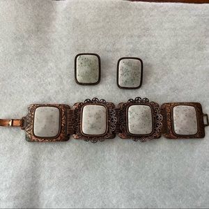Vintage Copper Tone and White Stone Bracelet with Matching Clip on Earrings Boho